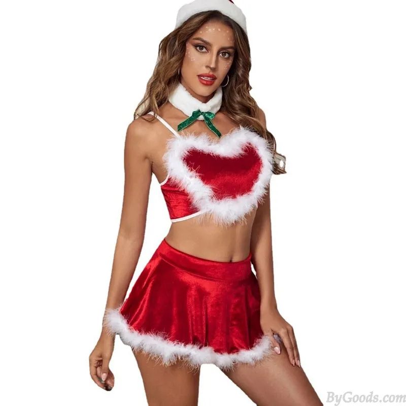 Sexy Fluffy Love Heart Vest Skirt 2 Piece Set Christmas Crossdress Valentine's Day Gift Santa Costumes For Women Exotic Lingerie