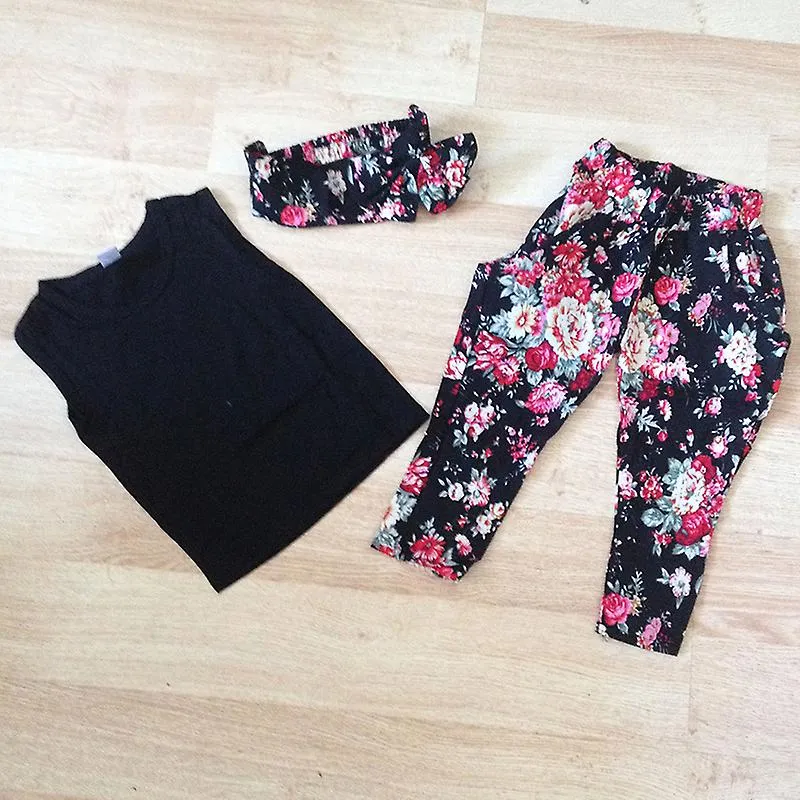 Toddler Baby Kids Girls Tracksuit Set Tank Tops Vest Floral Pants Headband Set Summer Outfits